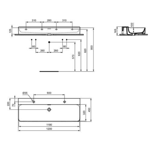 Ideal Standard Conca Ceram - Dvojumývadlo na dosku, 120x45 cm, s prepadom, otvory na batérie, biela T383901
