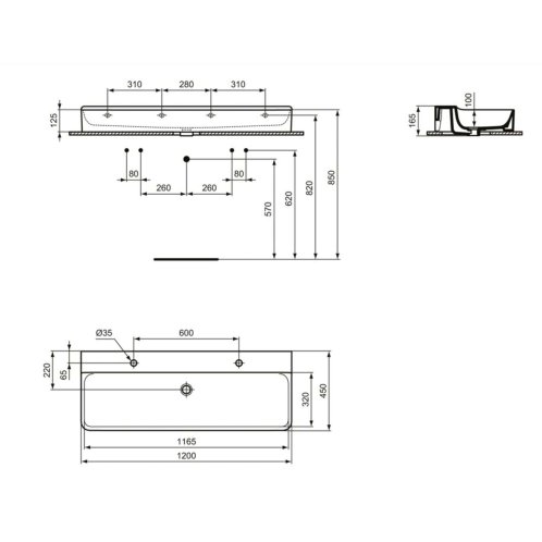Ideal Standard Conca Ceram - Dvojumývadlo na dosku, 120x45 cm, bez prepadu, otvory na batérie, biela T384401