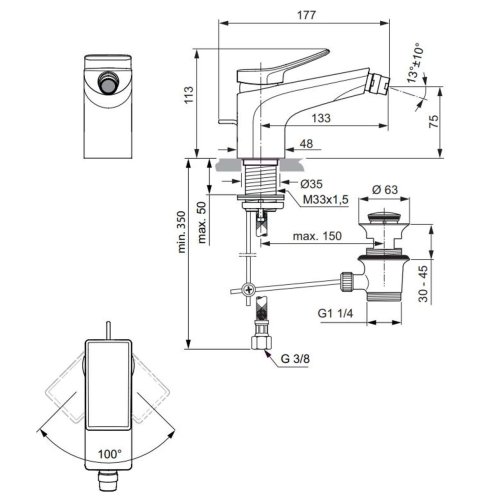 Ideal Standard Conca Tap - Bidetová batéria s výpustom, chróm BC760AA