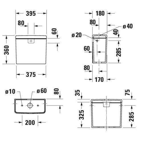 Duravit D-Neo - Splachovacia nádrž, 40x18 cm, bočné pripojenie, biela 0944000005