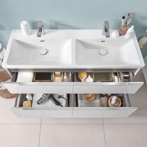 Villeroy & Boch Subway 3.0 - Dvojumývadlo nábytkové, 130x47 cm, s prepadom, otvory na batérie, CeramicPlus, Stone White 4A71D5RW