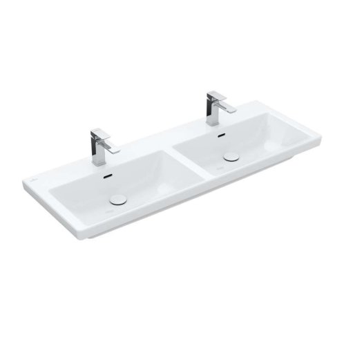 Villeroy & Boch Subway 3.0 - Dvojumývadlo nábytkové, 130x47 cm, s prepadom, otvory na batérie, CeramicPlus, Stone White 4A71D5RW