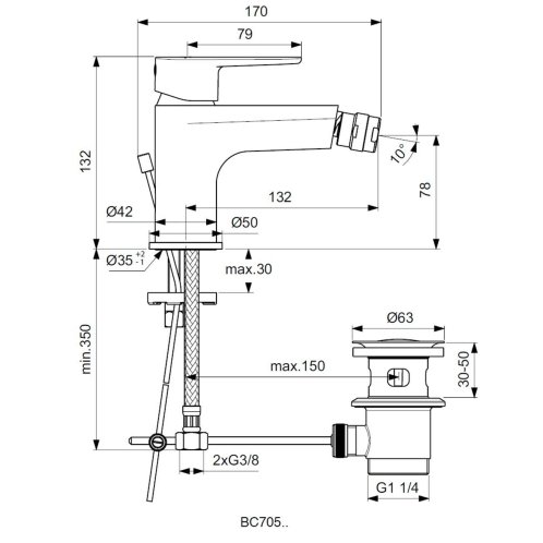 Ideal Standard Cerafine O - Bidetová batéria s výpustom, čierna BC705XG