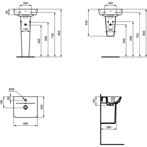 Ideal Standard Connect Air - Umývadielko Cube, 40x35x16 cm, s prepadom, otvor na batériu, čierna E0307V3