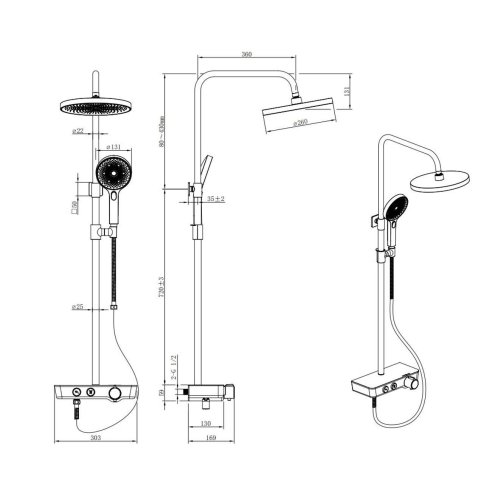 kielle Oudee - Sprchový set s termostatom, 26 cm, 3 prúdy, čierna/biela 20602004