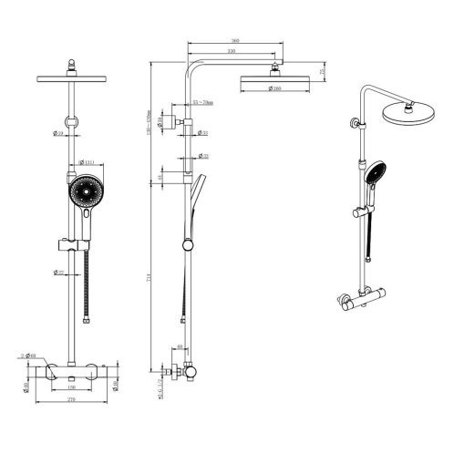 kielle Oudee - Sprchový set s termostatom, 26 cm, 3 prúdy, chróm 20602010