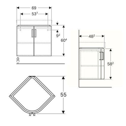 Geberit Selnova Compact - Umývadlová skrinka, 69x55x60 cm, 2 dvierka, lesklá biela/matná biela 501.486.00.1