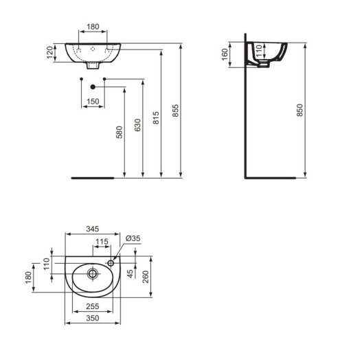 Ideal Standard Eurovit - Umývadielko, 35x26 cm, s prepadom, otvor na batériu vpravo, biela E871601