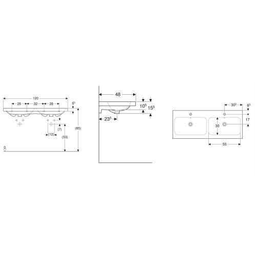 Geberit iCon - Dvojumývadlo, 120x48 cm, s prepadom, 2 otvory na batérie, KeraTect, biela 501.838.00.2