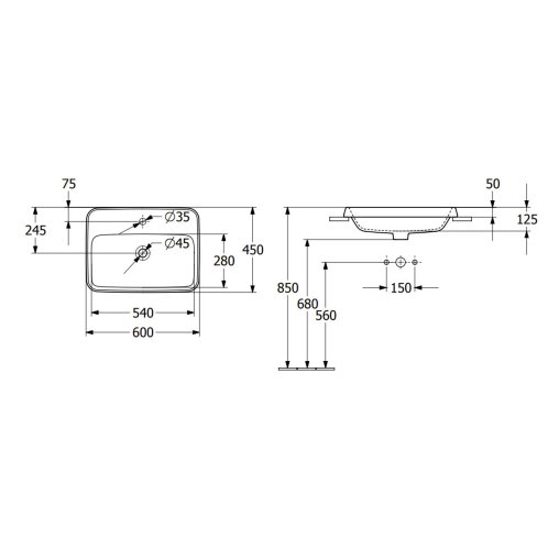Villeroy & Boch Architectura - Umývadlo zápustné, 60x45 cm, s prepadom, otvor na batériu, alpská biela 5A676001