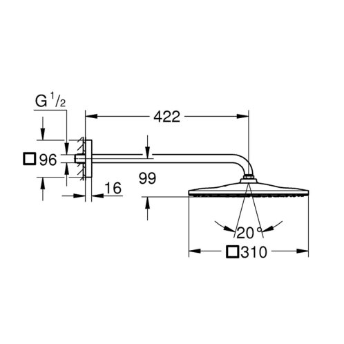 Grohe Rainshower - Hlavová sprcha 310 Mono Cube 9,5 l/min, 1 prúd, sprchové rameno 42 cm, kefovaný Hard Graphite 26564AL0