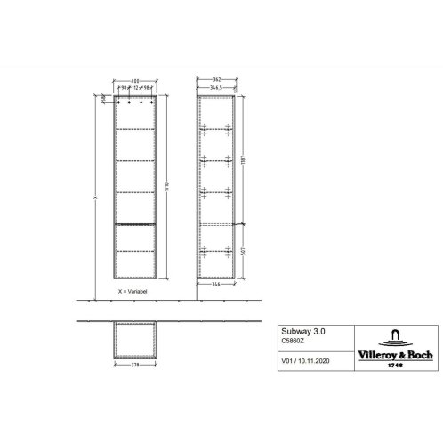 Villeroy & Boch Subway 3.0 - Vysoká skrinka, 40x171x36 cm, 2 dvierka, pánty vľavo, SoftClosing, Brilliant White C58600VE