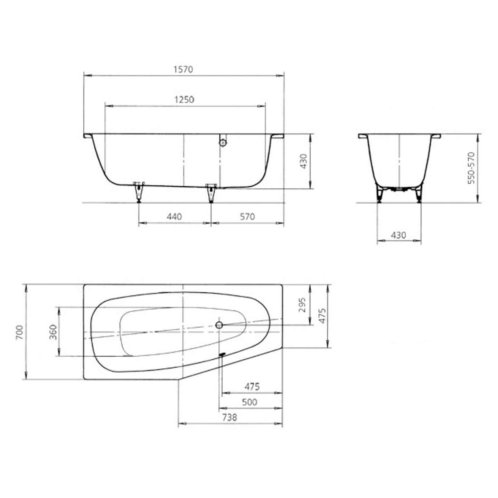 Kaldewei Advantage - Asymetrická vaňa Mini Star pravá 835, 157x70/48 cm, s otvormi na držadlá, celoplošný antislip, Perl-Effekt, biela 224534013001
