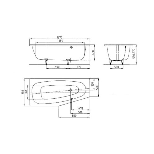 Kaldewei Advantage - Asymetrická vaňa Mini pravá 830, 1570x 75/50 cm, antislip, biela 224630000001