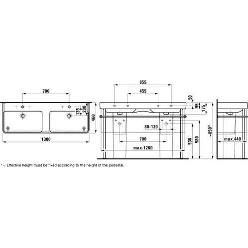 Laufen Pro S - Dvojumývadlo, 130x46 cm, s 6 otvormi na batérie, s LCC, biela H8149684001081