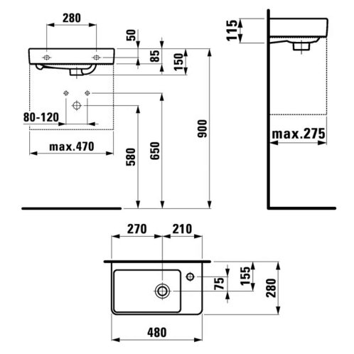 Laufen Pro S - Umývadielko, 48x28 cm, 1 otvor na batériu vpravo, biela H8159540001041