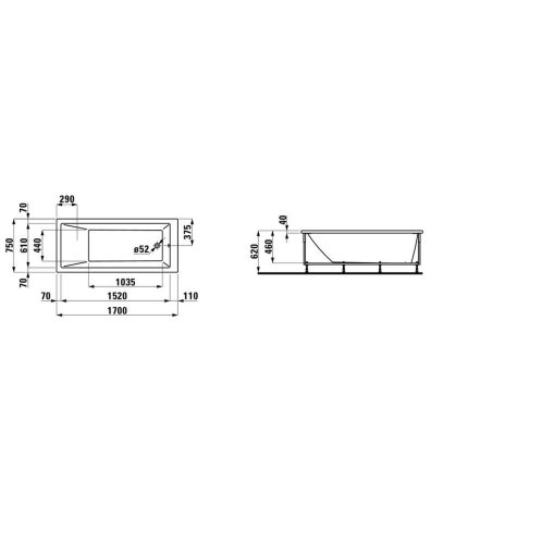 Laufen Pro - Vaňa s konštrukciou a čelným panelom pravým, 170x75 cm, biela H2319560000001