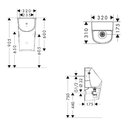 Hansgrohe EluPura Original S - Pisoár, zadný prívod vody, HygieneEffect, biela 62048450