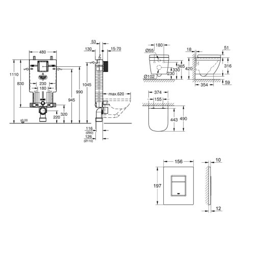 Grohe Uniset - Set predstenovej inštalácie, klozetu, dosky SoftClose a tlačidla Skate Cosmopolitan, Triple Vortex, alpská biela SANI15BB3105
