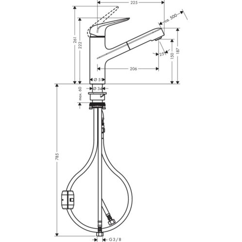 Hansgrohe Focus M42 - Drezová batéria M427-H150 s výsuvnou spŕškou, vzhľad nehrdzavejúcej ocele 71814800