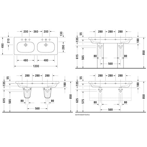 Duravit D-Code - Dvojumývadlo nábytkové, 120x49 cm, s prepadom, s otvorom na batériu, biela 03481200002