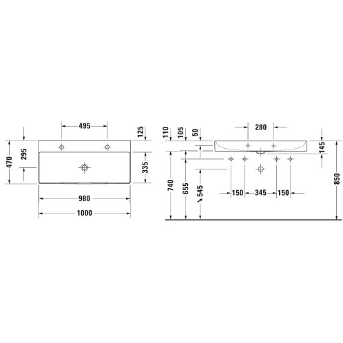 Duravit DuraSquare - Dvojumývadlo, 100x47 cm, s 2 otvormi na batérie, DuraCeram, alpská biela 2353100043