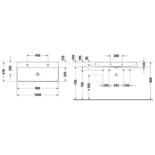 Duravit DuraSquare - Dvojumývadlo nábytkové, 100x47 cm, bez prepadu, 2 otvory na batérie, DuraCeram, biela 2353100072