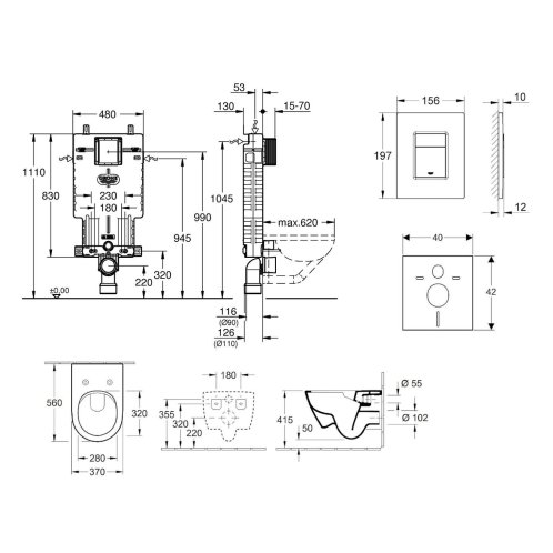 Grohe Uniset - Set predstenovej inštalácie, klozetu a sedadla Subway 2.0, DirectFlush, SoftClose, CeramicPlus a tlačidla Skate Cosmo, chróm 38643SET-KI