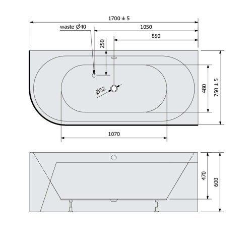 Polysan Monolith - Asymetrická vaňa Viva R, 170x75x60 cm, pravá, biela/čierna 78119MB