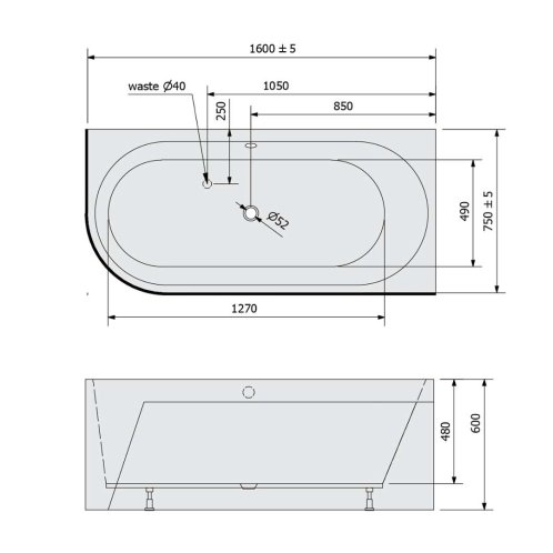 Polysan Monolith - Asymetrická vaňa Astra R, 160x75x60 cm, pravá, biela/čierna 34611MB