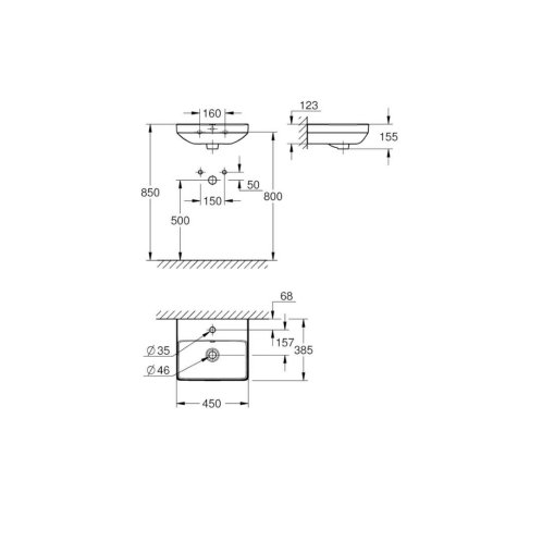 Grohe Euro Ceramic - Umývadielko 45x39 cm, s prepadom, otvor na batériu, alpská biela 102435SH00