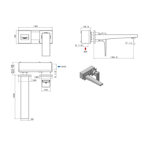 Sapho Dimy - Umývadlová batéria pod omietku s telesom, 2-otvorová inštalácia, chróm DM018