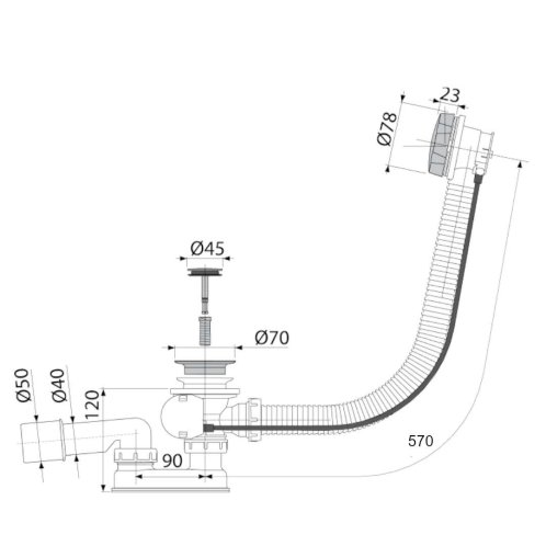 Alca - Vaňová odtoková a prepadová súprava, dĺžka 570 mm, matná čierna A55BLACK