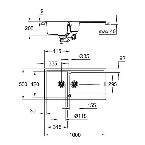 Grohe - Kompozitný drez K400 s automatickým odtokom, 100x50 cm, granitová čierna 31642AP0
