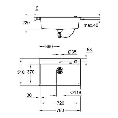 Grohe - Kompozitný drez K700 s automatickým odtokom, 78x51 cm, granitová čierna 31652AP0