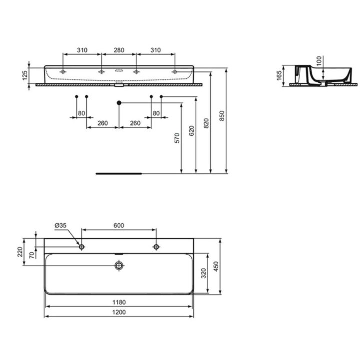 Ideal Standard Conca Ceram - Dvojumývadlo na dosku, 120x45 cm, s prepadom, otvory na batérie, biela T383901