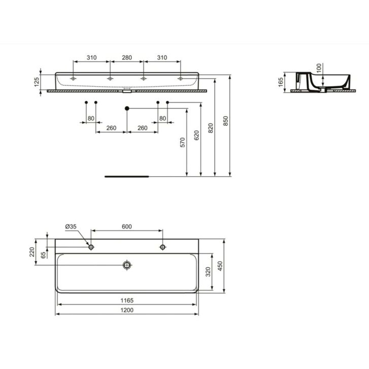 Ideal Standard Conca Ceram - Dvojumývadlo na dosku, 120x45 cm, bez prepadu, otvory na batérie, biela T384401