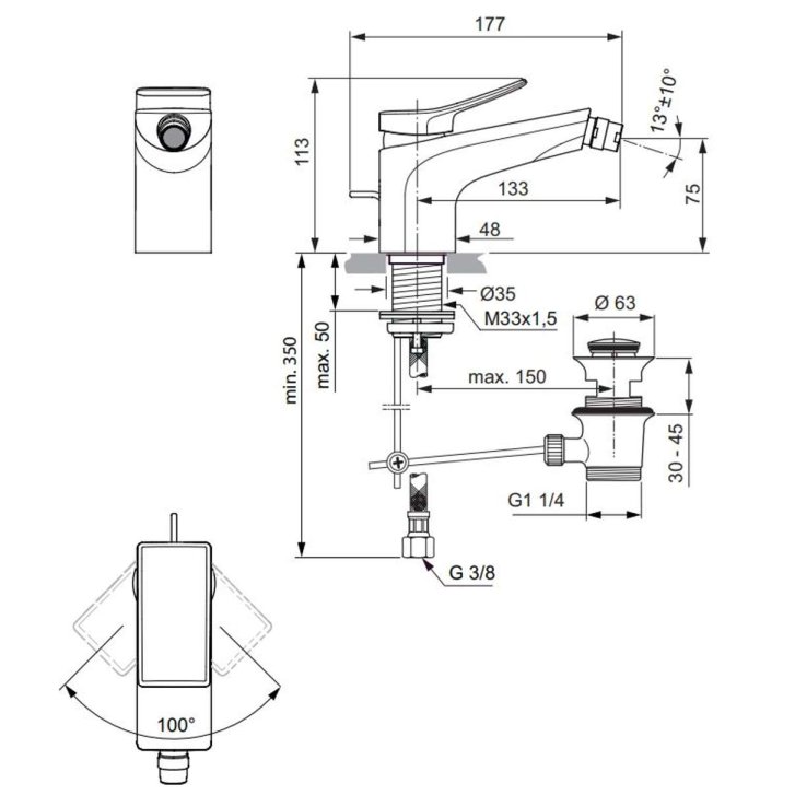 Ideal Standard Conca Tap - Bidetová batéria s výpustom, chróm BC760AA