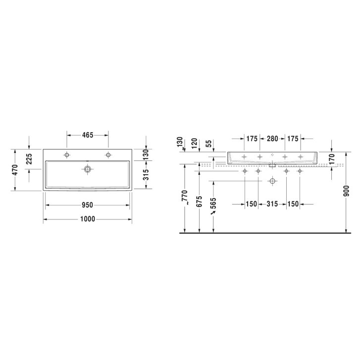 Duravit Vero Air - Dvojumývadlo nábytkové, 100x47 cm, bez prepadu, s otvormi na batérie, biela 2350100072