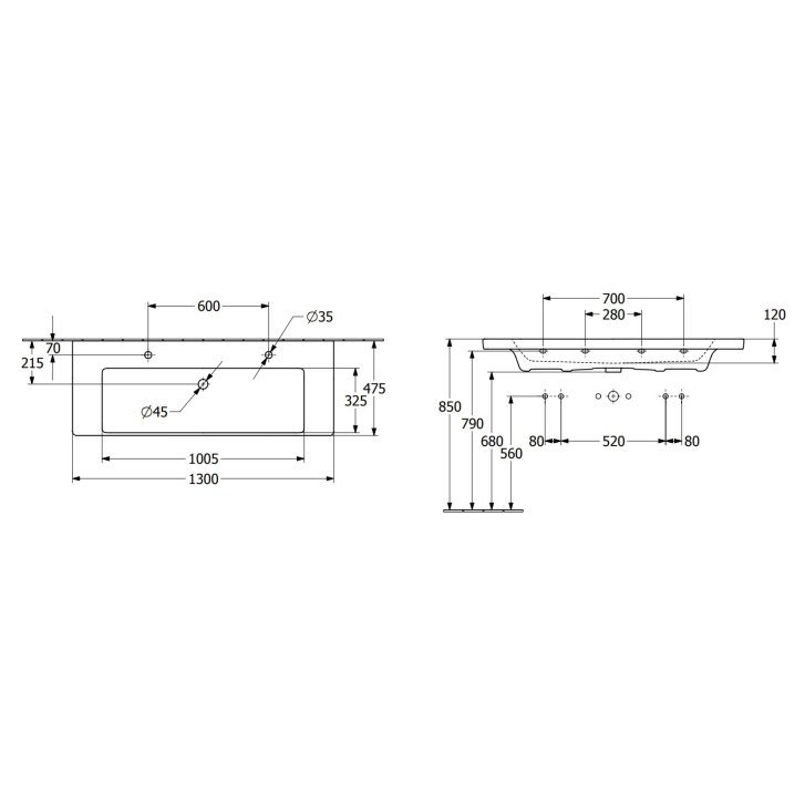Villeroy & Boch Subway 3.0 - Dvojumývadlo, 130x47 cm, s prepadom, otvory na batérie, alpská biela 4A70D401