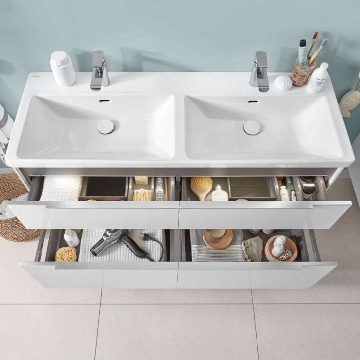Villeroy & Boch Subway 3.0 - Dvojumývadlo nábytkové, 130x47 cm, s prepadom, otvory na batérie, CeramicPlus, Stone White 4A71D5RW