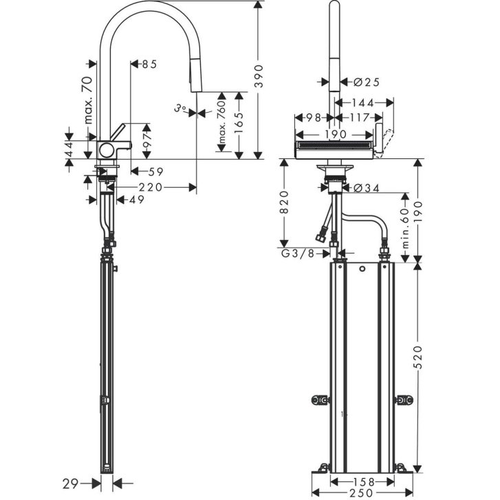 Hansgrohe M81 - Drezová batéria Aquno Select 170, s výsuvnou spŕškou a plochým sprchovým prúdom, sBox, matná čierna 73831670