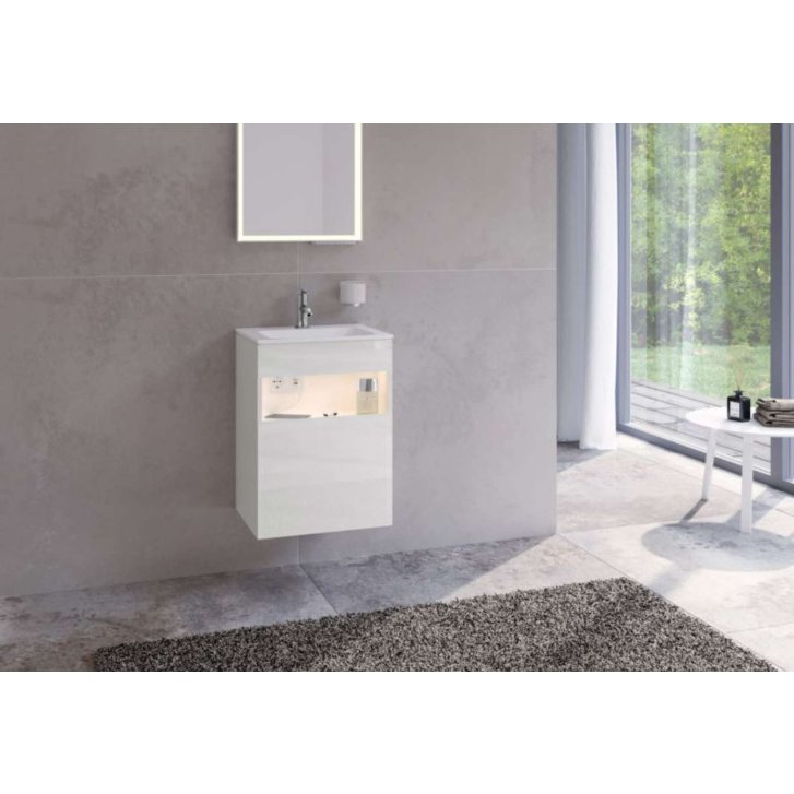 Keuco Stageline - Umývadlová skrinka, 46x63x38 cm, 1 dvierka, pánty vpravo, s osvetlením a USB, biela 32822300102