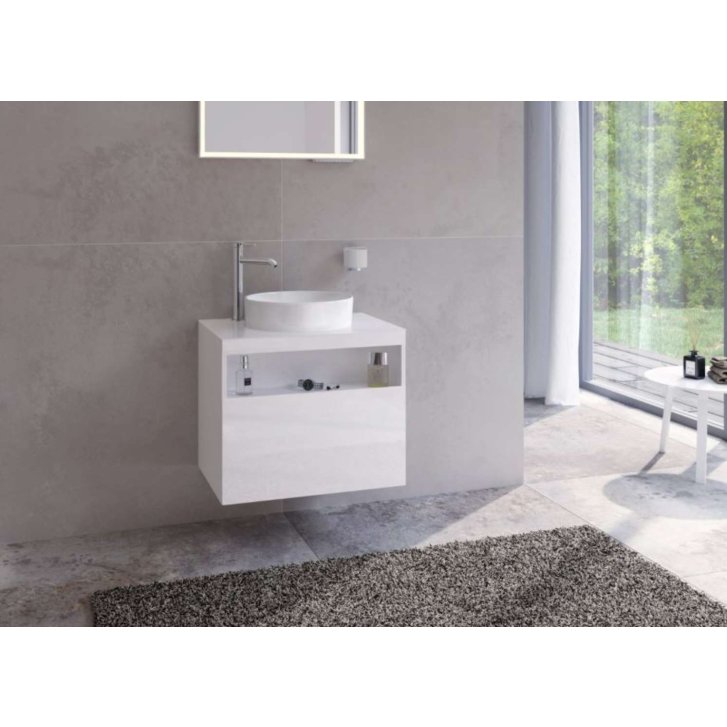 Keuco Stageline - Umývadlová skrinka, 65x55x49 cm, s výrezom na umývadlo a batériou vľavo, biela 32854300000