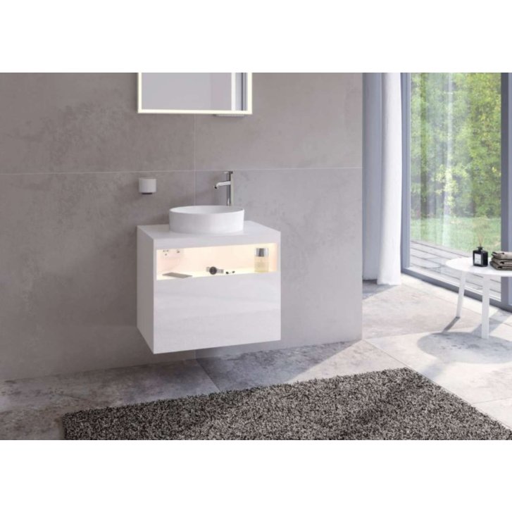 Keuco Stageline - Umývadlová skrinka, 65x55x49 cm, s výrezom na umývadlo a batériu vpravo, s osvetlením a USB, biela 32855300100