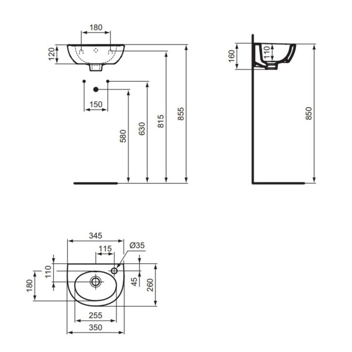 Ideal Standard Eurovit - Umývadielko, 35x26 cm, s prepadom, otvor na batériu vpravo, biela E871601