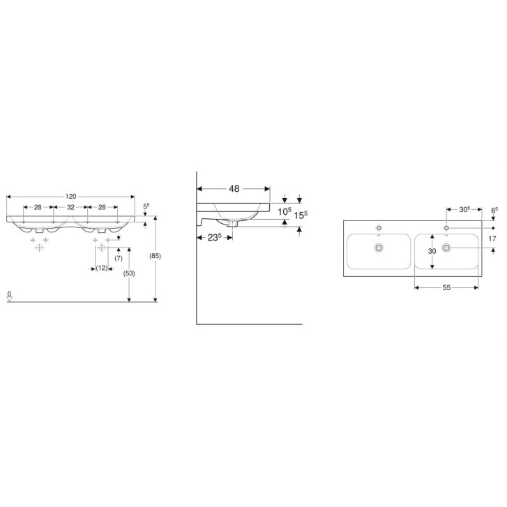 Geberit iCon - Dvojumývadlo, 120x48 cm, s prepadom, 2 otvory na batérie, KeraTect, biela 501.838.00.2