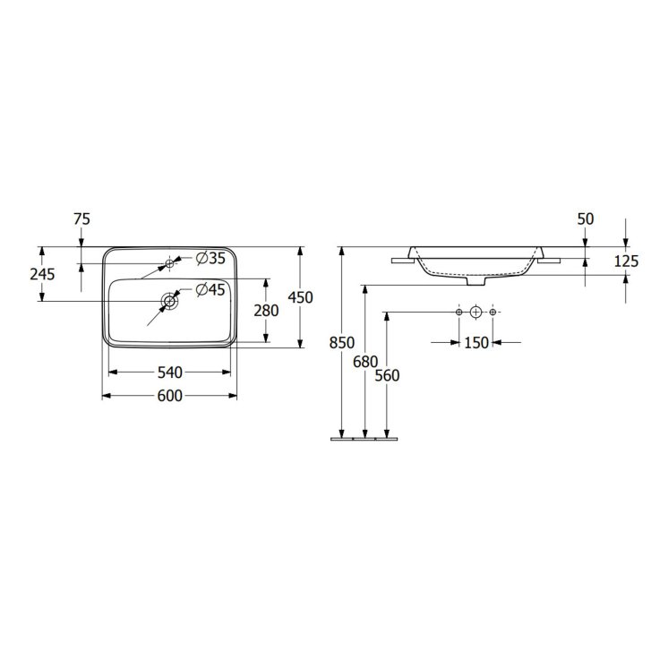 Villeroy & Boch Architectura - Umývadlo zápustné, 60x45 cm, s prepadom, otvor na batériu, alpská biela 5A676001