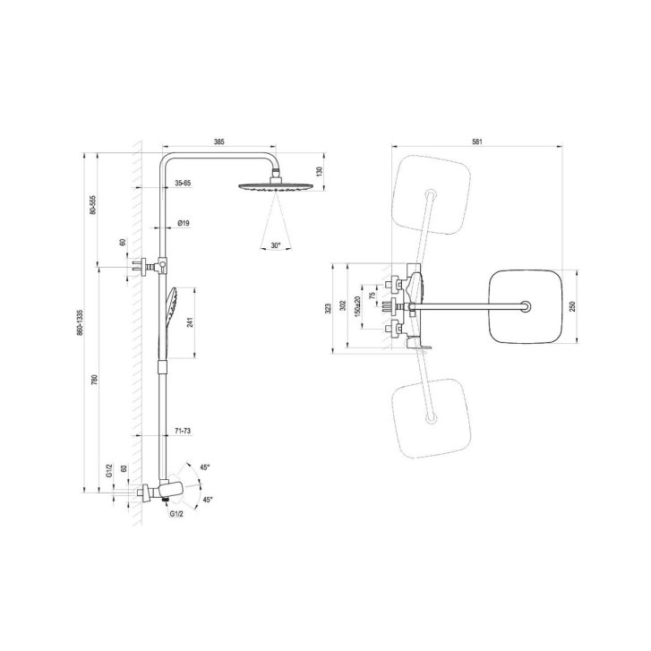 Ravak 10° Free - Sprchový set s batériou, 25x25 cm, 3 prúdy, chróm X070171