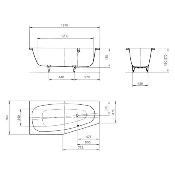 Kaldewei Advantage - Asymetrická vaňa Mini pravá 834, 1570x 70/48 cm, antislip, biela 224430000001